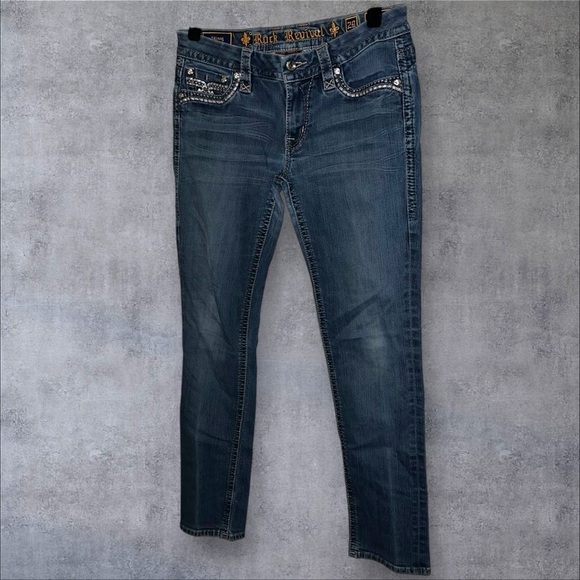 Rock Revival Blue Straight Leg Jeans with Vintage Fading - Picture 1 of 7
